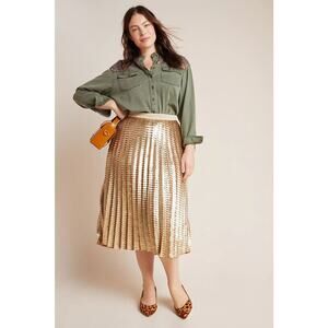 Anthropologie Plus Maeve Natalia Gold Sequin Pleated Midi Skirt, Holiday 18W NWT